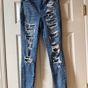 American Eagle Curvy Hi-Rise Jegging, size 6 regular, blue, ripped with patches